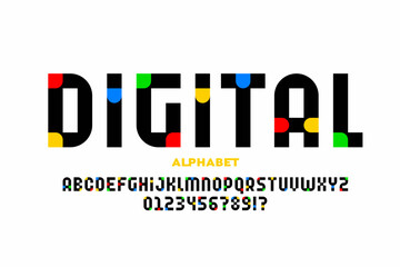 Poster - Digital style font, alphabet letters and numbers vector illustration