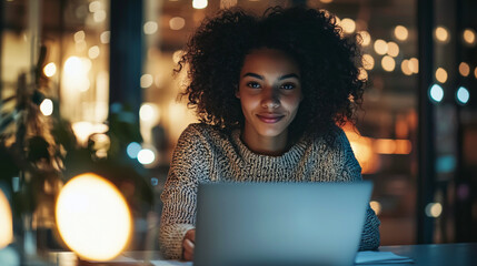 Poster - Young woman working on laptop at night cozy atmosphere girl home dark warm light style happy focus