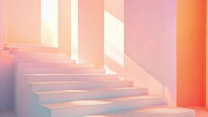 Poster - a soft pastel staircase illuminated by warm sunlight in a modern architectural space during the late
