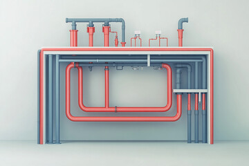 Poster - Abstract industrial piping system red and gray pipes network design 3d lines model modern shapes