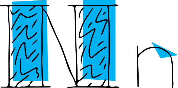 capital letter N and lowercase letter hand drawn in black with shaded capital letter with light blue fills of different rectangular and triangular shapes
