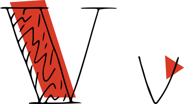 capital letter V and lowercase letter hand drawn in black with shaded capital letter with red fills of different rectangular and triangular shapes