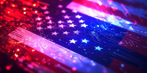 Aufkleber - A stunning abstract representation of the American flag. Bright red and blue colors blend together with digital effects. Ideal for patriotic themes and artistic projects. AI