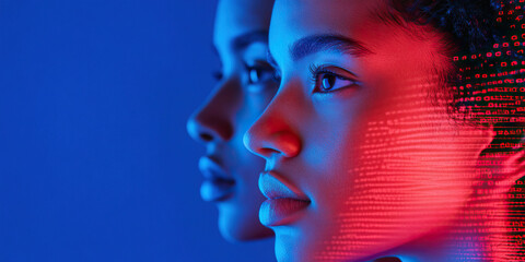 Poster - Two Female Profiles with Red Computer Code Overlay