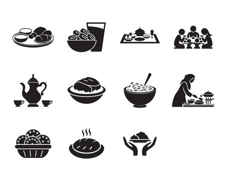 Eid Food and Feasting Icons set. Editable minimalist and outline vector icons.