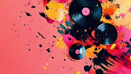 Poster - Colorful vinyl records scattered on a vibrant backdrop with splashes of paint and abstract designs