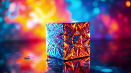 Fototapete - Colorful geometric cube with intricate patterns and reflections on a vibrant background showcasing light effects and dynamic energy in an abstract artistic composition