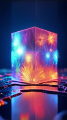 Poster - Colorful geometric cube with intricate patterns and reflections on a vibrant background showcasing light effects and dynamic energy in an abstract artistic composition