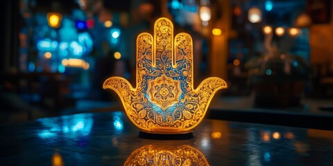 Poster - A beautifully designed hand symbol glowing softly in a magical atmosphere. This image captures vibrant colors and intricate patterns. Ideal for cultural, spiritual, or artistic themes. AI