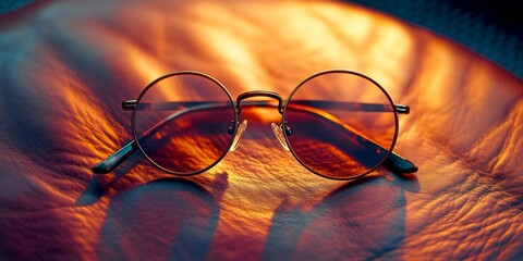 Poster - A stylish pair of round sunglasses resting on a vibrant orange surface. The warm glow adds an artistic touch. Perfect for fashion lovers and creative projects. AI
