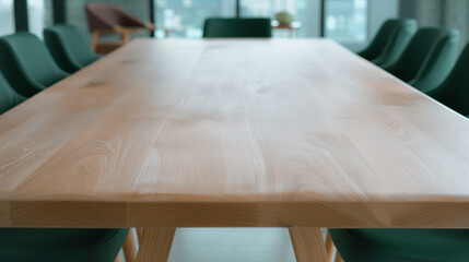 Poster - Elegant Meeting Space: A long, sleek wooden table, surrounded by a set of stylish green chairs in a modern interior, creates a sophisticated ambiance.