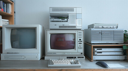 Poster - Vintage Computer Setup: A collection of retro computers, monitors, and related equipment arranged on a desk. showcasing nostalgia for technology.