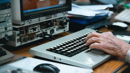 Poster - Vintage Computing: A close-up shot of an individual's hands typing on a classic vintage keyboard. The keyboard is part of a retro computer setup, hinting at a bygone era of technology.
