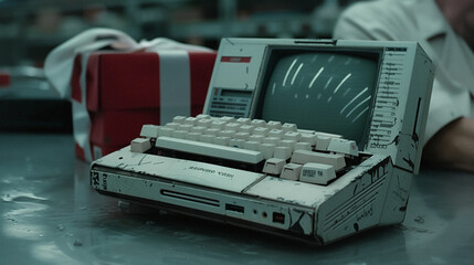 Poster - Vintage Computer and Gift Box: A weathered vintage computer with a monochrome screen and keyboard sits beside a neatly wrapped gift box on a surface. capturing the retro aesthetic.