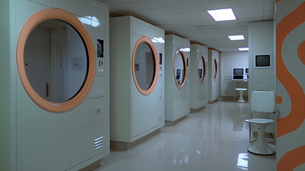 Poster - Retro Futuristic Corridor: A long, clean corridor featuring a row of retro-style, circular-windowed chambers suggesting a sense of advanced technology with a touch of the past.