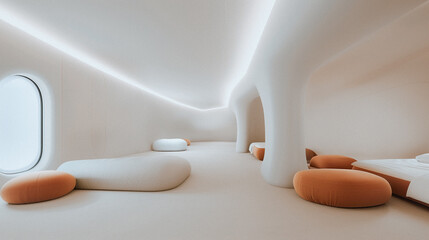 Poster - Modern Relaxation Space: An innovative interior showcases a serene ambiance with soft, organic shapes, ambient lighting, and a minimalist design, inviting comfort and tranquility.