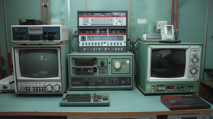 Poster - Vintage Computer and Electronic Lab: An old vintage computer lab setting, featuring retro computer monitors, electronic testing equipment, and a classic keyboard.