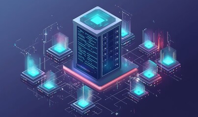 Poster - Technology isometric infographic design for quantum computer. Blockchain server concept, server room, database, information storage. Creative isometric concept