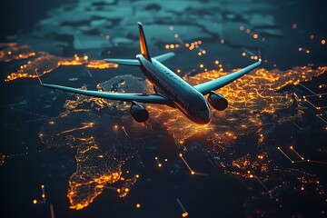 Poster - Futuristic AI Powered Global Travel and Transportation Network Featuring an Airplane Flying Over a Detailed World Map with Digital Connectivity and Logistics Optimization, 