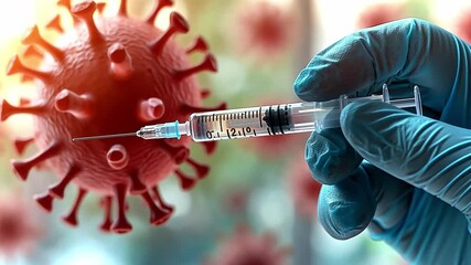 Poster - Health professional prepares a COVID-19 vaccine with virus illustration in background