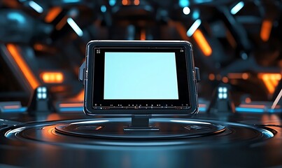 Poster - Blank tablet on stand, spaceship bridge, futuristic controls background, mockup display , 