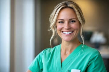 Poster - Portrait of smiling female doctor or nurse wearing green scrubs in hospital setting