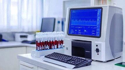 Poster - advanced laboratory setup featuring automated blood analysis system in a clinical environment