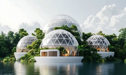 Poster - Futuristic floating city concept featuring sustainable geodesic domes surrounded by lush greenery ,

