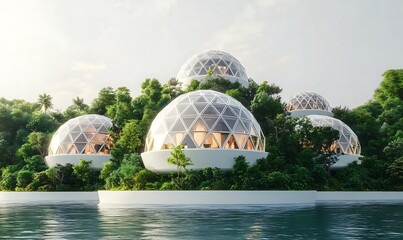 Poster - Futuristic floating city concept featuring sustainable geodesic domes surrounded by lush greenery ,

