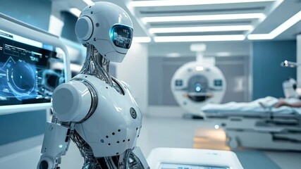 Poster - Advanced AI robot interacting in a futuristic medical facility with high-tech equipment