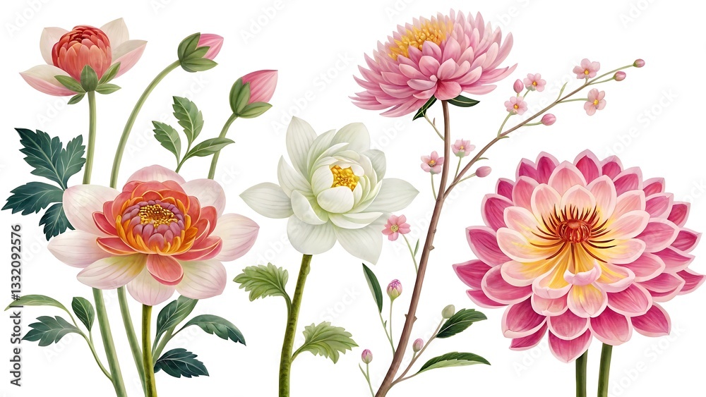 Beautiful Botanical Illustration of Lotus Flowers and Water Lilies in Watercolor Painting