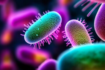 Poster - Microscopic view of rod shaped bacteria showing cellular structures and fimbriae