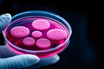 Leinwandbilder - Scientist holding petri dish with growing bacteria colonies for microbiology research