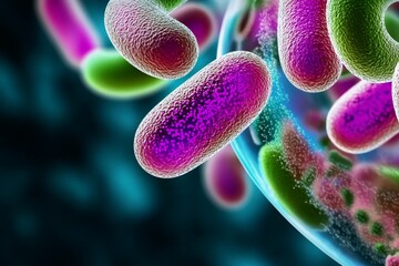 Poster - Microscopic view of colorful bacteria interacting with a cell