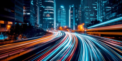 Poster - Vibrant cityscape with dynamic light trails and modern skyscrapers. This image captures the essence of urban life at night. A contemporary style perfect for marketing and design needs. AI