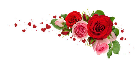 Wall Mural - red and pink rose flowers with green leaves and romantic confetti in a corner arrangement isolated o