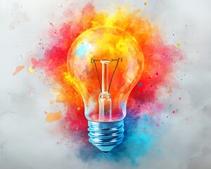 Aufkleber - A bright and bold watercolor light bulb illustration, symbolizing a creative spark, bursting with vibrant colors that represent new ideas and energy