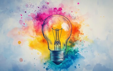 Aufkleber - A colorful watercolor light bulb, radiating with energy and creativity, symbolizing the spark of innovative ideas in a burst of vivid colors