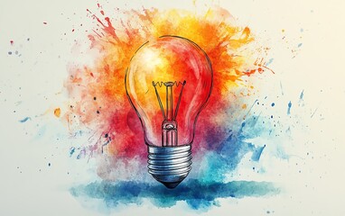 Aufkleber - A colorful watercolor light bulb, radiating with energy and creativity, symbolizing the spark of innovative ideas in a burst of vivid colors
