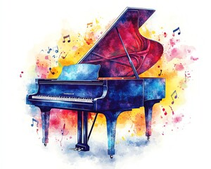 Poster - A dynamic watercolor painting of a grand piano surrounded by vibrant musical notes, symbolizing the powerful and emotional nature of music