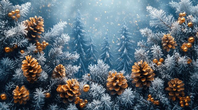A creative arrangement of winter-themed stamps with shimmering ice effects, frost-covered trees, and snow-capped mountains
