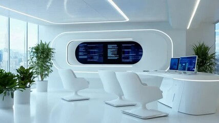 Poster - Modern office interior design with sleek furniture and advanced technology in a cityscape setting