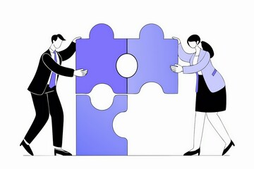 Poster - Two professionals collaborate to fit puzzle pieces together, symbolizing teamwork and problem-solving in a corporate environment.