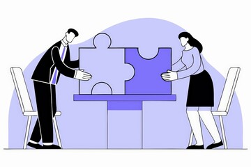 Poster - Two people collaborate to connect puzzle pieces, symbolizing teamwork and problem-solving in a minimalist, illustrated style.