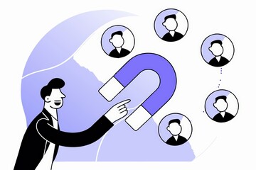 Poster - A person uses a magnet to attract multiple individuals, symbolizing engagement or influence in a creative, minimalist illustration.
