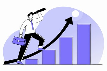 Poster - A business professional climbs steps towards success, observing growth trends with a telescope, symbolizing ambition and progress in a stylized graphic.