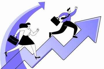 Poster - A dynamic illustration depicting a man and woman running upward on a graph, symbolizing growth and ambition in a professional context.