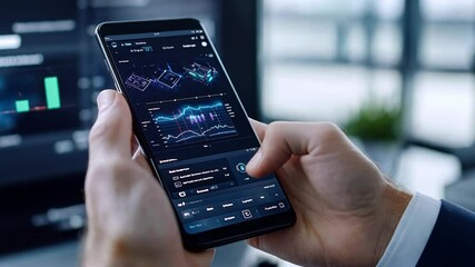 Poster - User interacts with neobanking application displaying financial data on smartphone in modern office setting