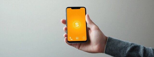 Poster - Hand Holding Smartphone Displaying Currency Icon on Orange Background