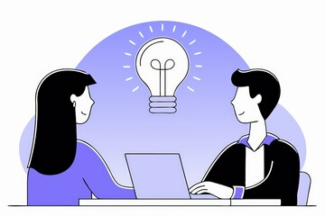 Poster - Two people discussing ideas with a lightbulb above them, symbolizing creativity and collaboration in a modern workspace.